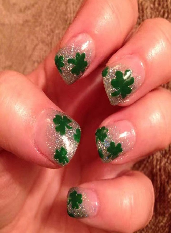 BSBTBZ Glitter St. Patrick's Day Nails Short Short Square Fake Nails With Four-Leaf Clover Designs French Glossy Sparkly Cute Shamrock Press ons Glue on Nails False Nails Artificial Nails Stick on for Women - Image 1